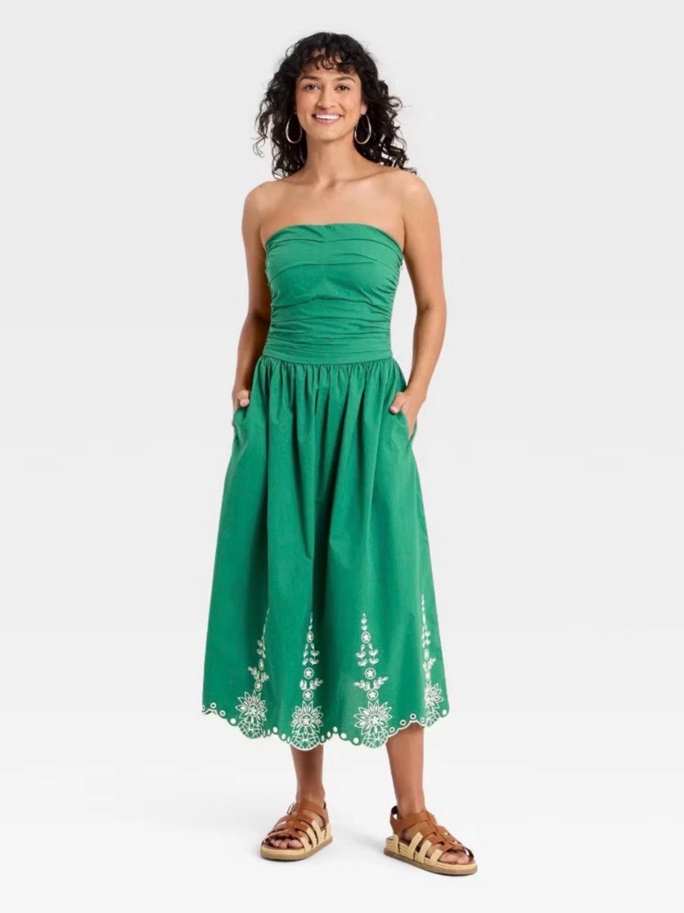 Universal Thread Strapless Green Embroidered Midi Dress